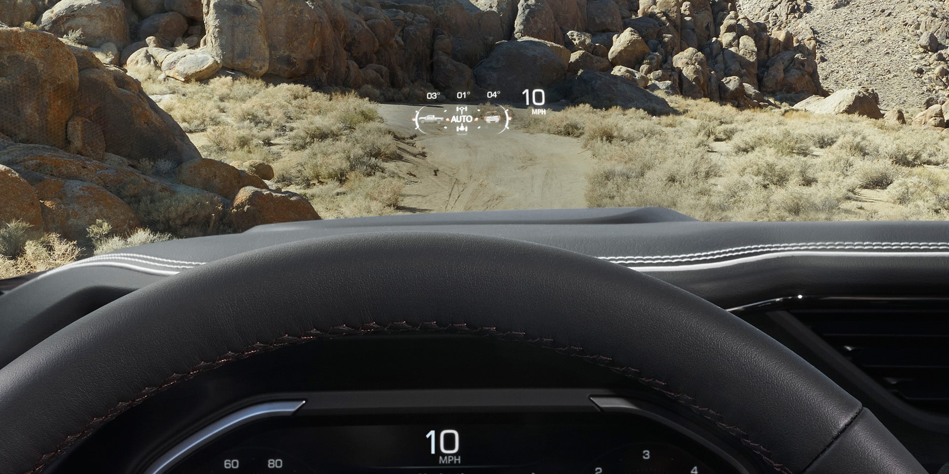 Close-up of the Head-up Display in the 2026 GMC AT4 trim Truck.