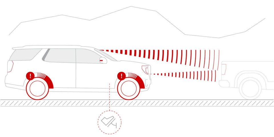 Illustration du freinage d’urgence automatique amélioré du GMC Acadia 2024.