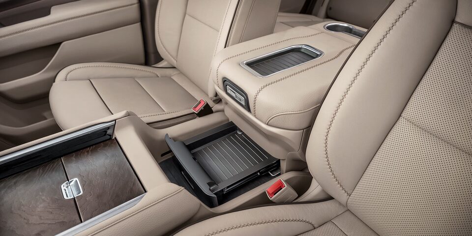 Power-sliding centre console on the  2024 GMC Yukon Denali.