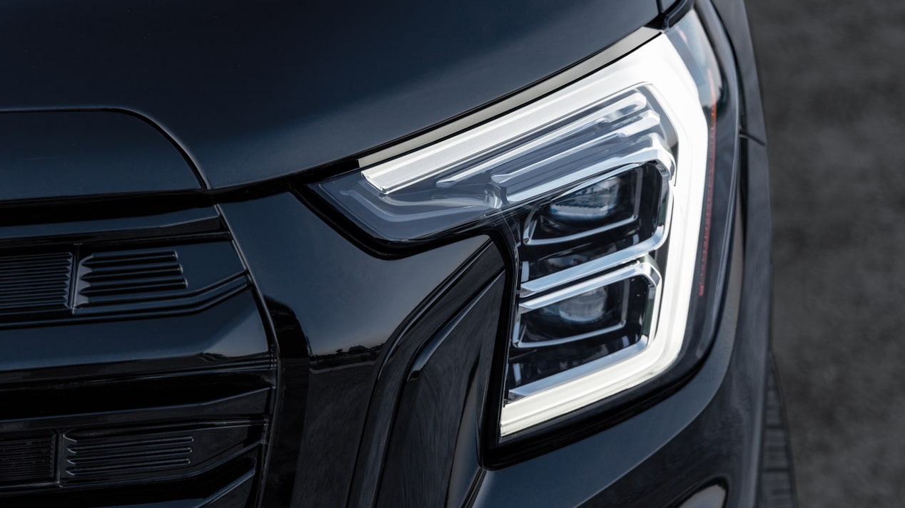 Close up view of the LED headlamps on the 2025 GMC Terrain.