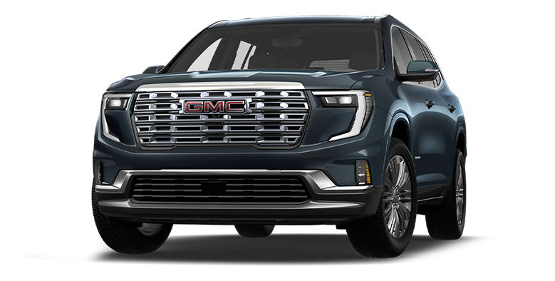 A Front Three-Quarter View of the Ink 2027 GMC Acadia Denali SUV on a Dark Background.