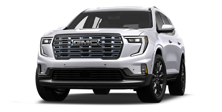 A Front Three-Quarter View of the Glacier White Tricoat 2027 GMC Acadia Denali SUV on a Dark Background.