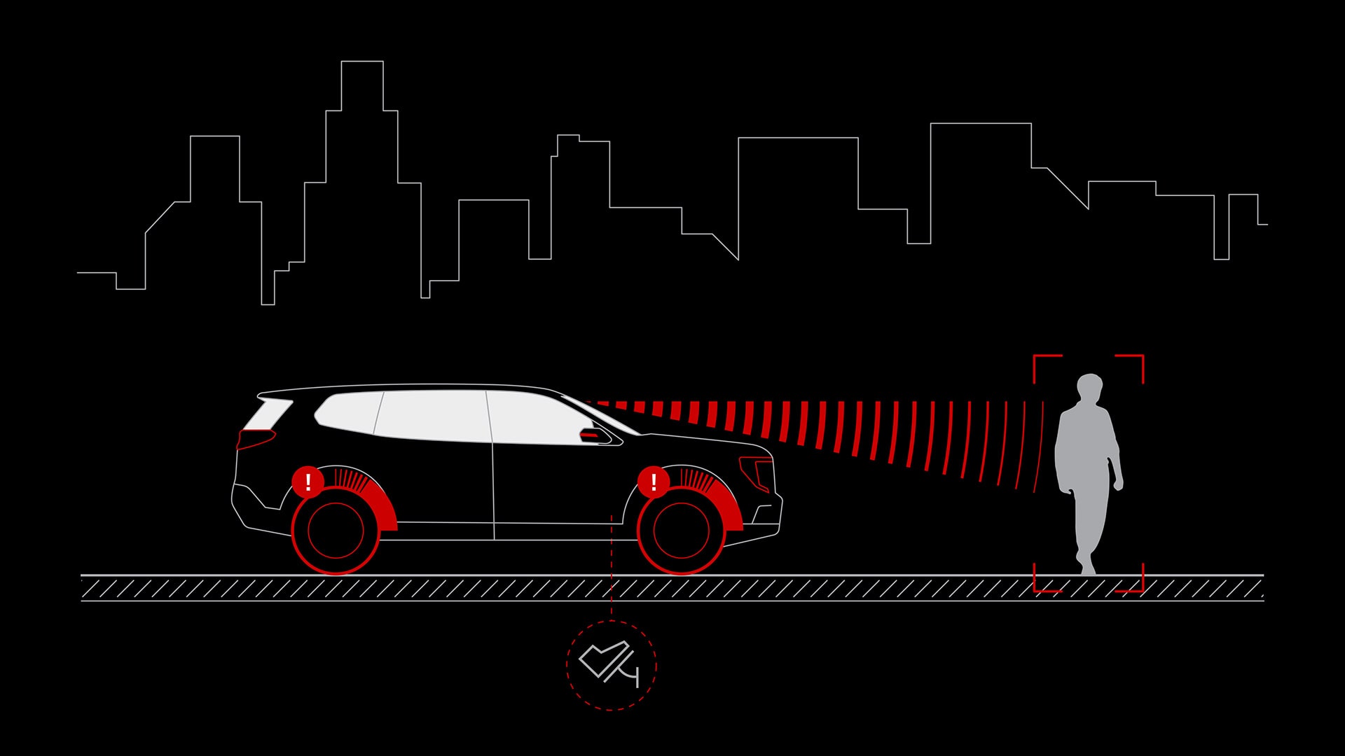 Une illustration d’un VUS GMC Acadia 2027 détectant un piéton en ville avec des icônes d’avertissement rouges.