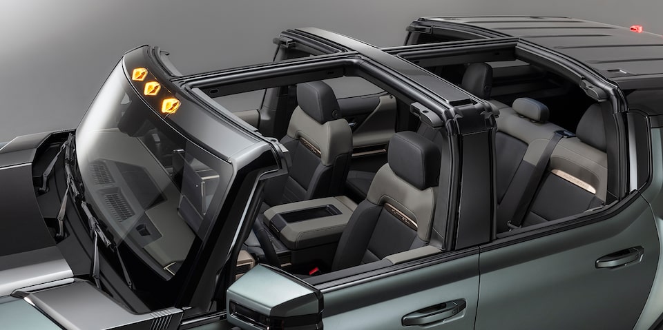 Close overview of the open roof of the GMC Hummer EV SUV.