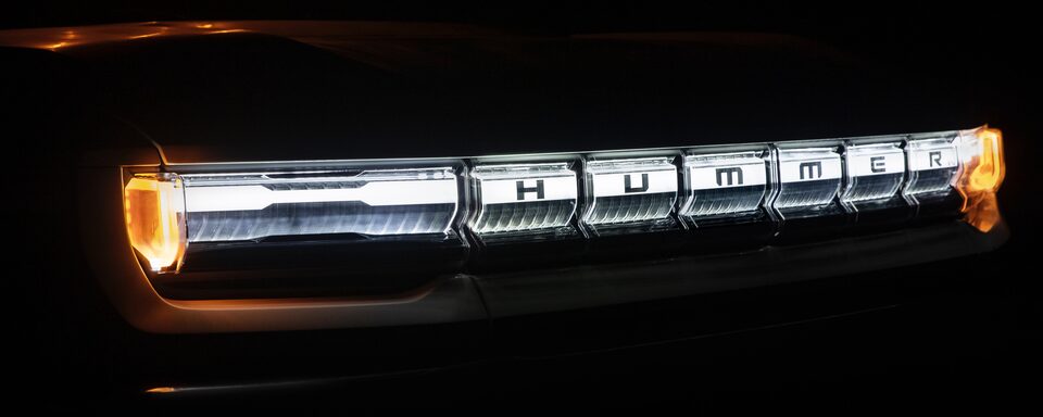 Front exterior profile of the GMC Hummer EV.