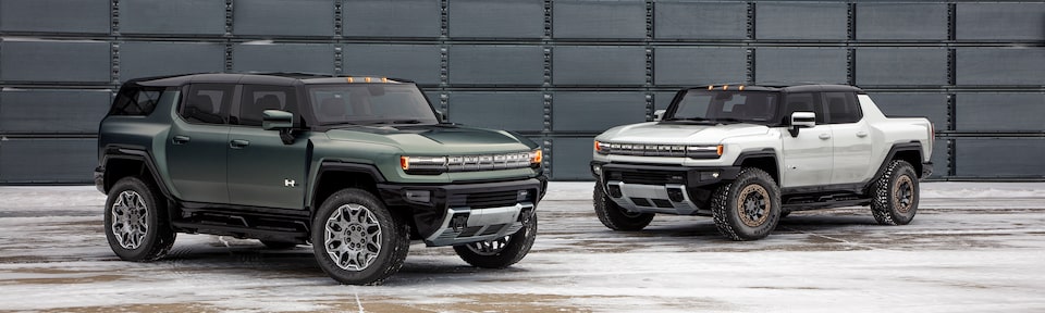 Pre-production models of the GMC Hummer EV.