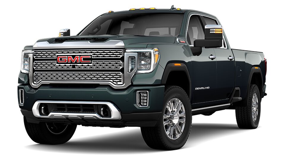 GMC Sierra 2500HD Denali 2023 en vert chasseur métallisé.