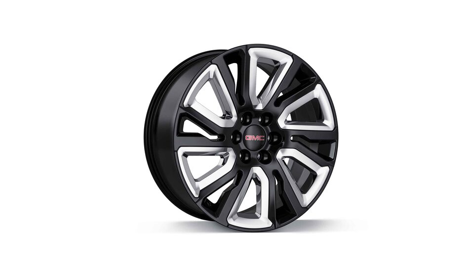 2022 GMC Sierra 1500 22" 6-Split-Spoke Wheel In Black With Chrome Inserts.