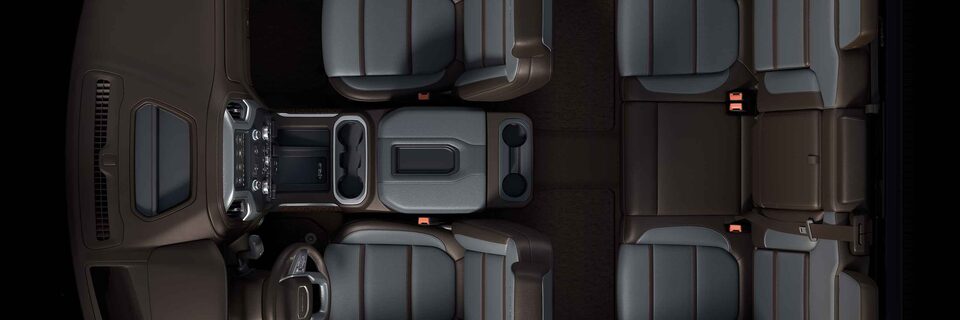 2022 GMC Sierra 1500 interior jet black seating birds-eye view shot.