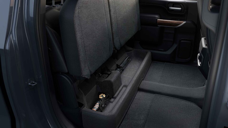 2022 Sierra HD interior smart rear seat storage.
