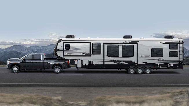 2022 Sierra HD Denali trailering on the road.