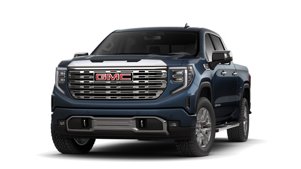 Sierra 1500 Denali 2023 à caisse courte et cabine multiplace en bleu pacifique métallisé.
