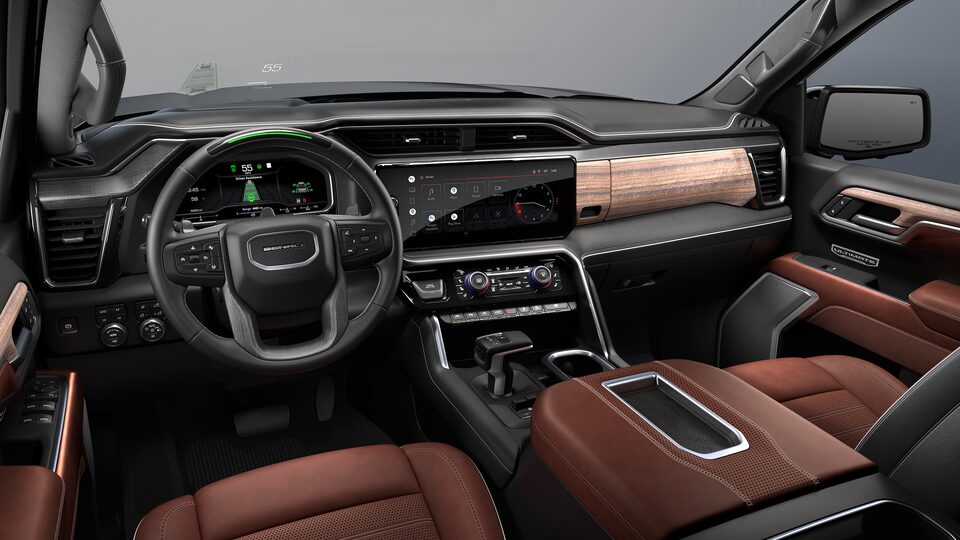 Front interior view of the 2022 GMC Sierra 1500 Denali Ultimate in Alpine Umber.