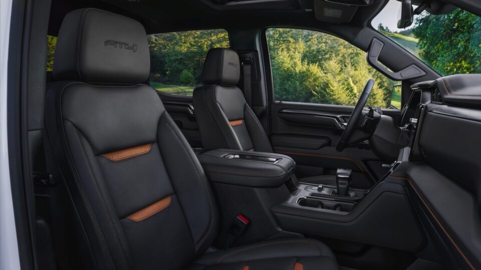 Interior of 2022 Sierra AT4: Jet Black with Kalahari interior and embroidered AT4 accents.