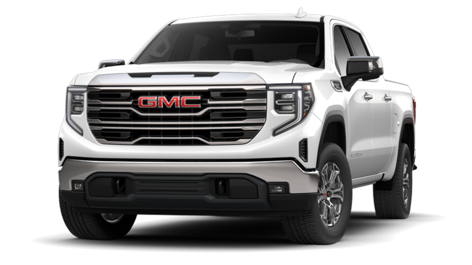 Sierra 1500 SLT 2023 à caisse courte et cabine multiplace en blanc.