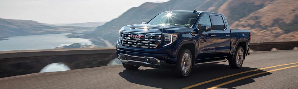 Exterior front driver side view of the 2023 Sierra 1500 Denali.