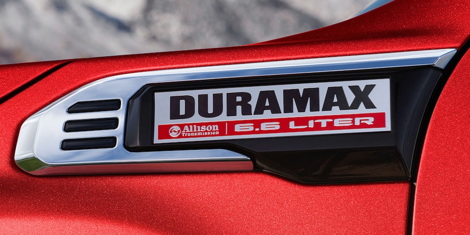 Close-up View of "Duramax" Badging on a 2025 GMC Sierra HD Pro/SLE/SLT Truck.
