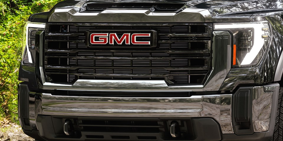 Close-up View of the Grille on a 2025 GMC Sierra HD Pro/SLE/SLT Truck.