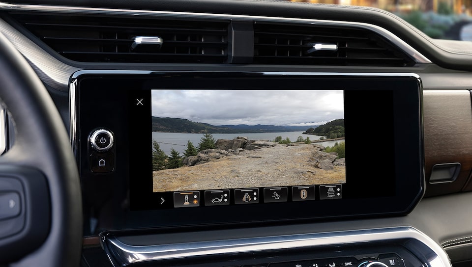 Close-up of the Infotainment System Displaying one of the Fourteen Camera Views on the 2025 GMC Sierra 1500.
