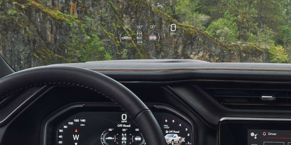 Side angle view of the heads-up display of the 2024 GMC Sierra 1500 AT4.