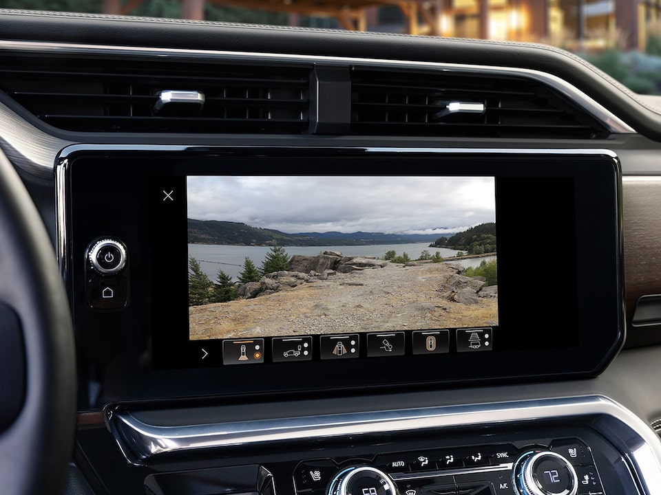 A camera view being displayed in the infotainment screen of the 2024 GMC Sierra 1500.