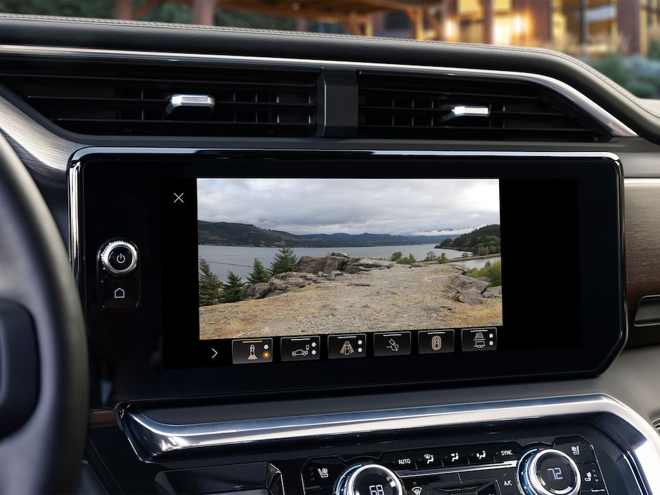 A camera view being displayed in the infotainment screen of the 2024 GMC Sierra 1500.