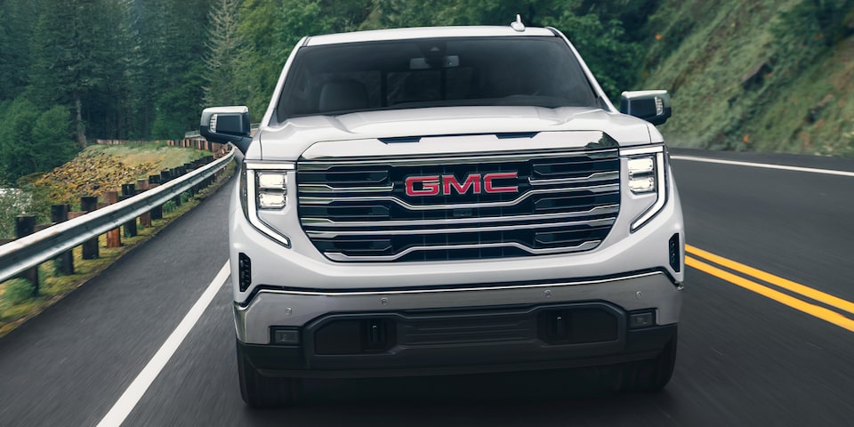 Front view of the grilles of the 2024 GMC Sierra 1500 SLE.