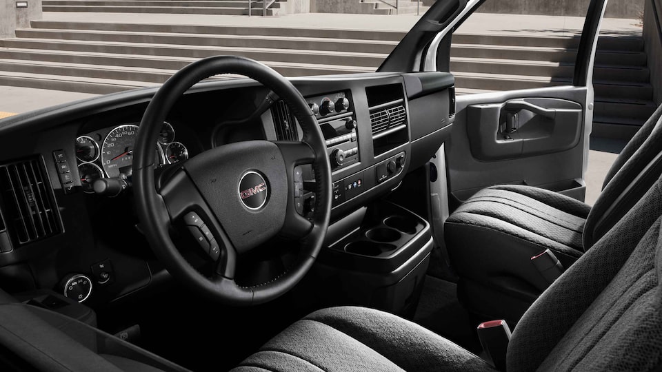 2023 GMC Savana Cargo dashboard and steering wheel.