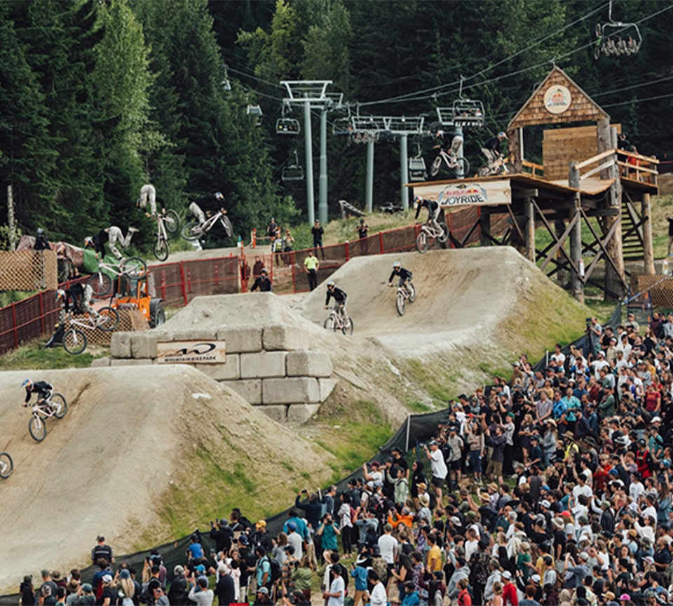 Un groupe de cyclistes participant à un événement Red Bull Joyride.