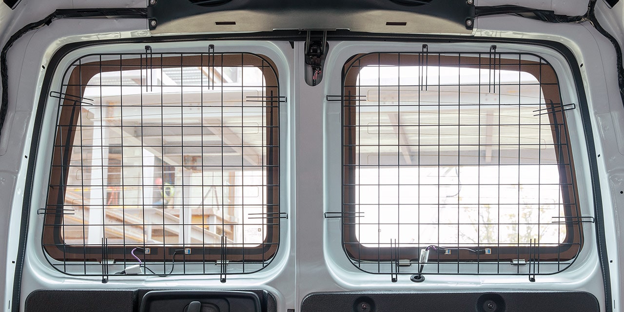 Interior View of the Rear Cargo Door of the 2026 GMC Savana Cargo Van.