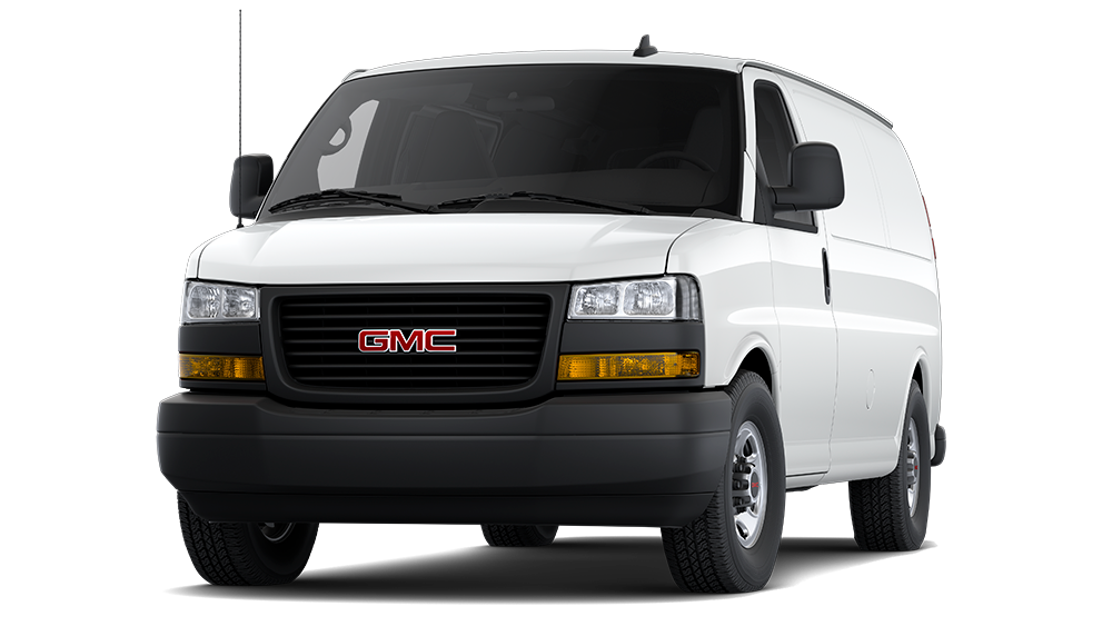 Front View of a White 2025 GMC Savana Cargo Van against a Black Background.