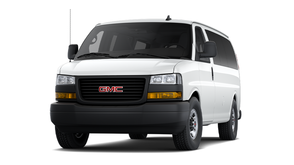 Front View of a White 2026 GMC Savana Passenger Van.