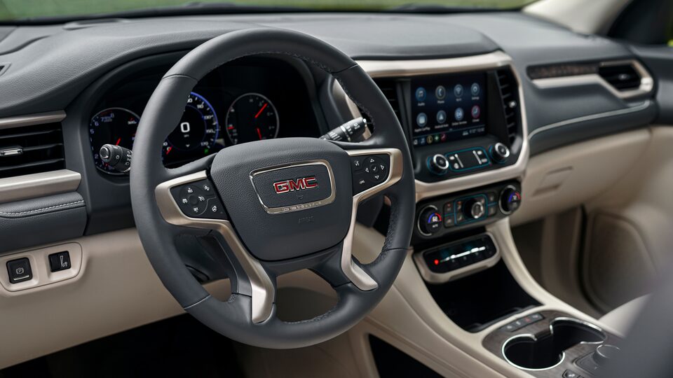 2023 GMC Acadia Denali dashboard and heated steering wheel.