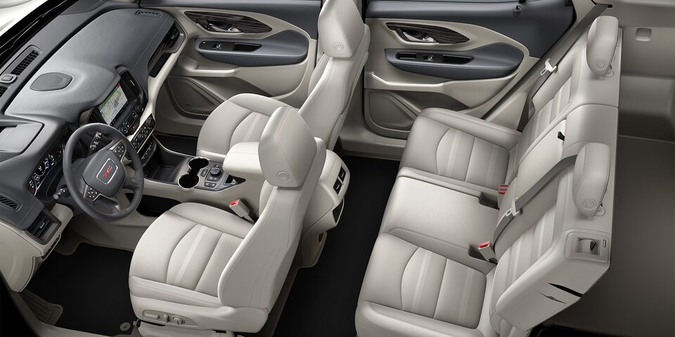 Light Platinum/Dark Galvanized interior of the 2024 GMC Terrain Denali.