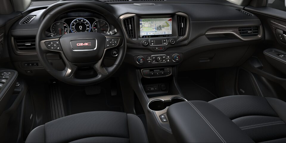Jet black interior of the 2024 Terrain Denali.