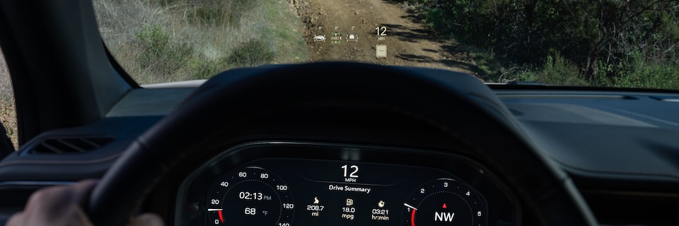 Closeup view of the head-up display on the 2024 GMC Yukon AT4.