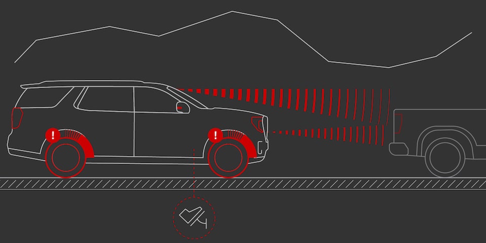Illustration of the Blind Zone Steering Assist of the 2025 GMC Acadia Denali.