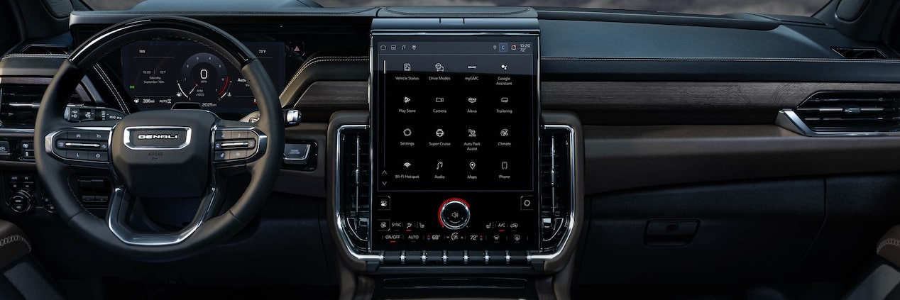 Driver's view of the Steering Wheel, Infotainment System and Dashboard in the 2025 GMC Yukon.
