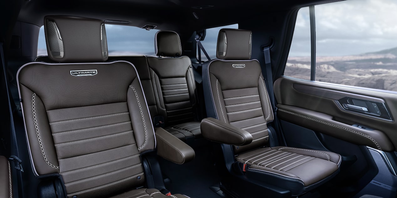 Interior view of the Second and Third Row Leather Seats in the 2025 GMC Yukon SUV.