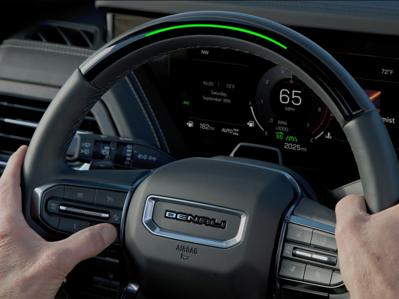 Driver's view of the 2025 GMC Yukon Steering Wheel.
