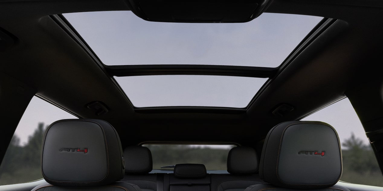 Interior View of the Panoramic Sunroof in the 2026 GMC Terrain AT4 Small Off-Road SUV.
