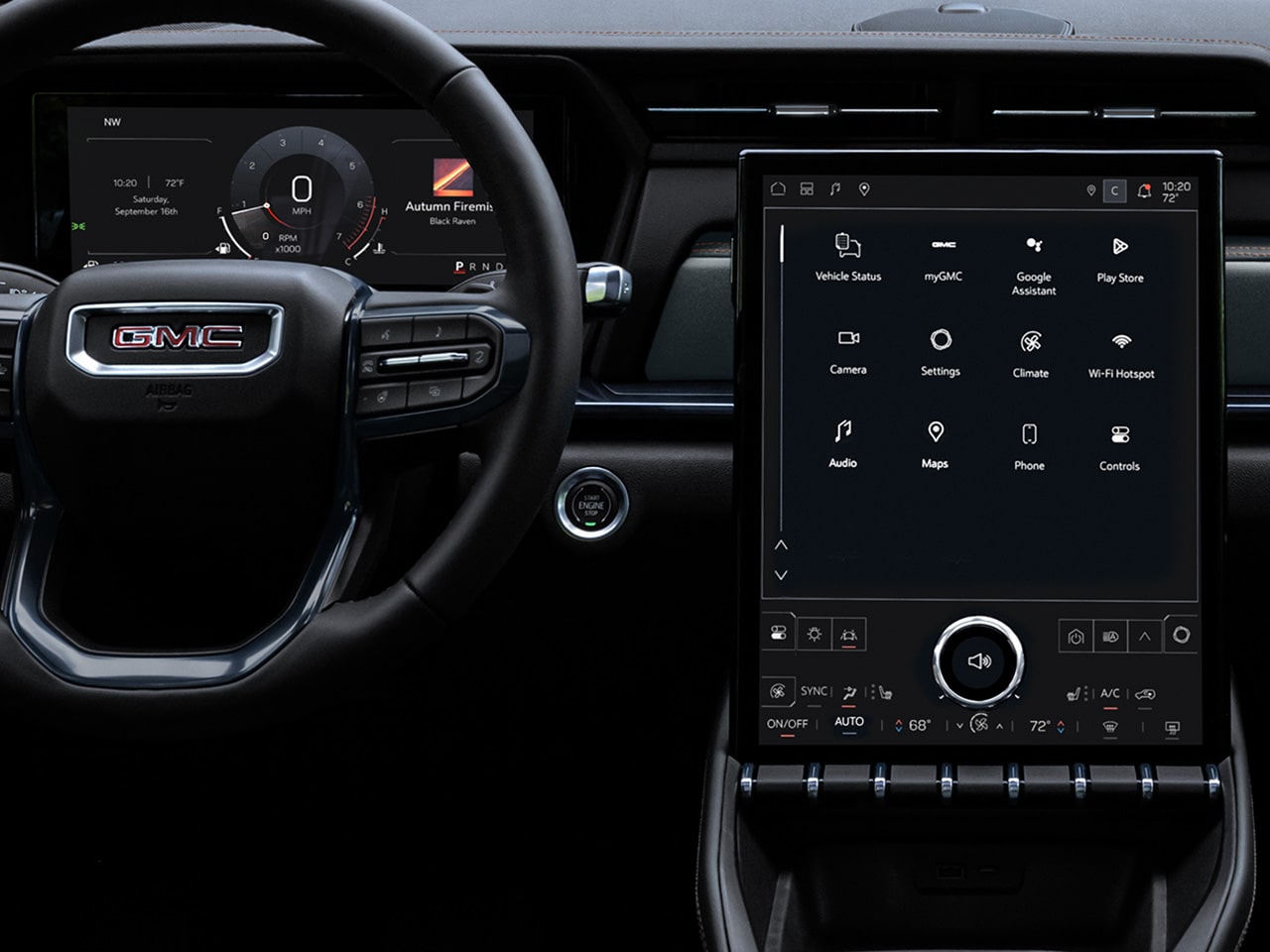 Vue du volant et du système d’infodivertissement du VUS compact hors route GMC Terrain AT4 2026.