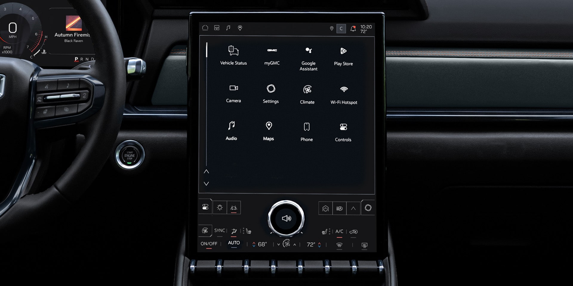 Vue rapprochée du système d’infodivertissement haut de gamme GMC de 380 mm (15 po) du VUS compact hors route Terrain AT4.