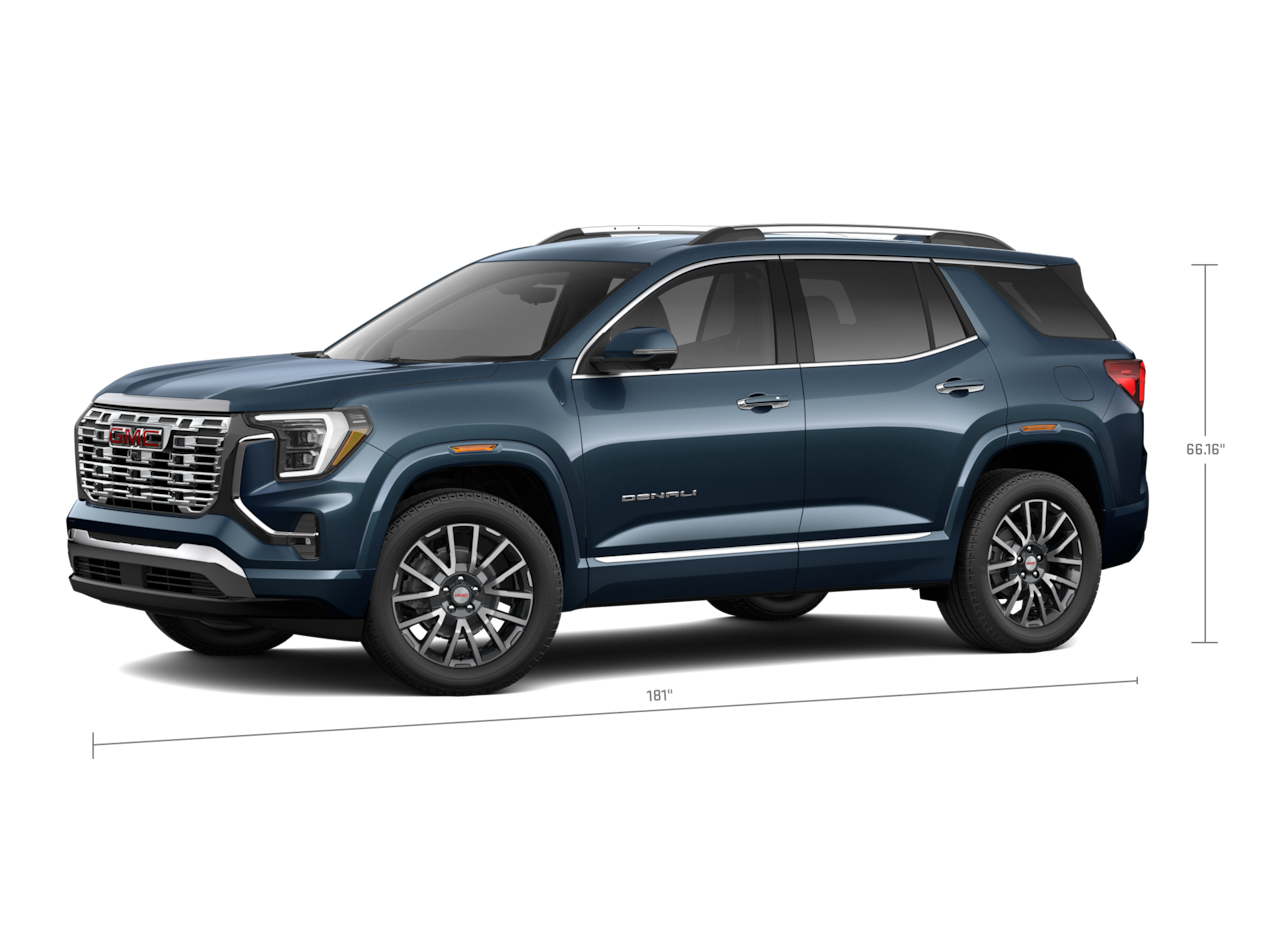 Vue latérale avant d’un VUS de luxe GMC Terrain Denali 2026.