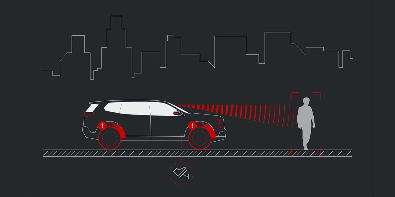 Illustration de la fonction de freinage de détection des piétons à l’avant du GMC Terrain Élévation 2026.