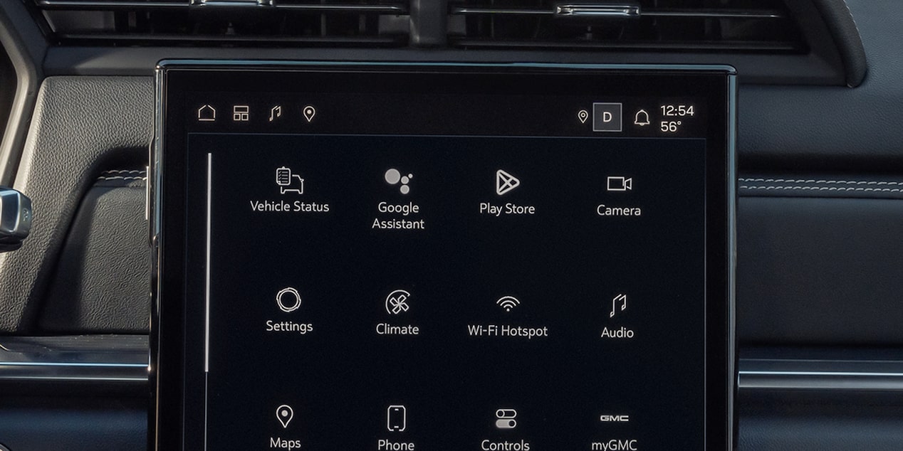 Vue rapprochée du système d’infodivertissement du GMC Terrain Élévation 2026 en train d’afficher la compatibilité avec Google intégré.