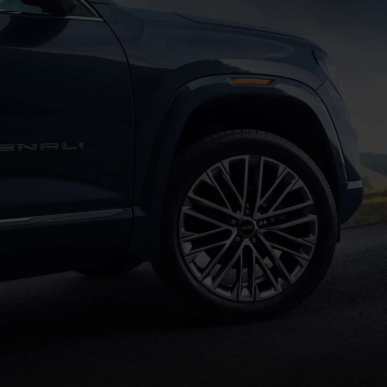 Close up view of the aluminum wheels on the 2026 GMC Terrain Denali.