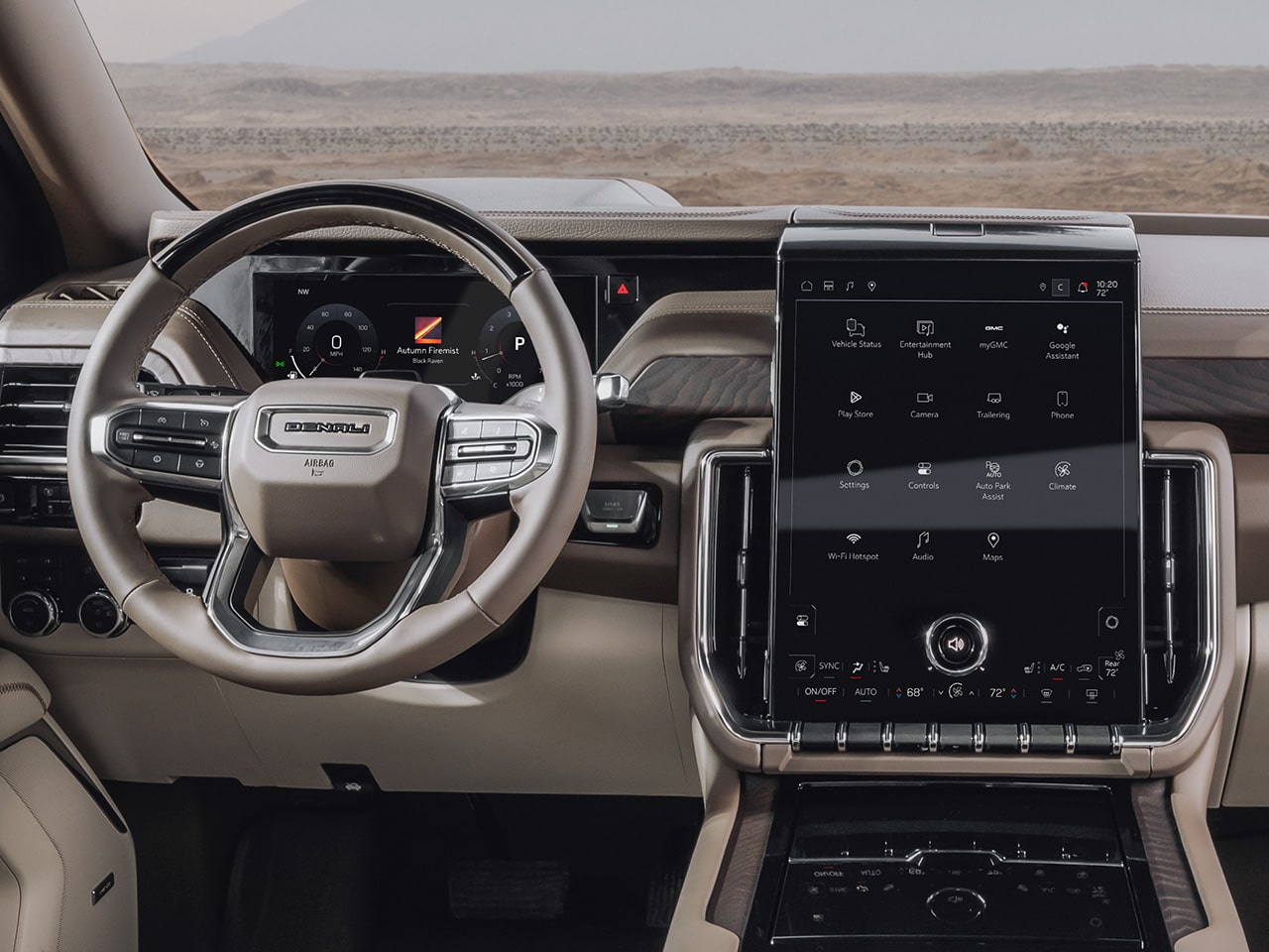 Interior View of the Perforated Leather Surfaces with Unique Stitching in the 2026 GMC Yukon Denali Luxury 3 Row SUV.