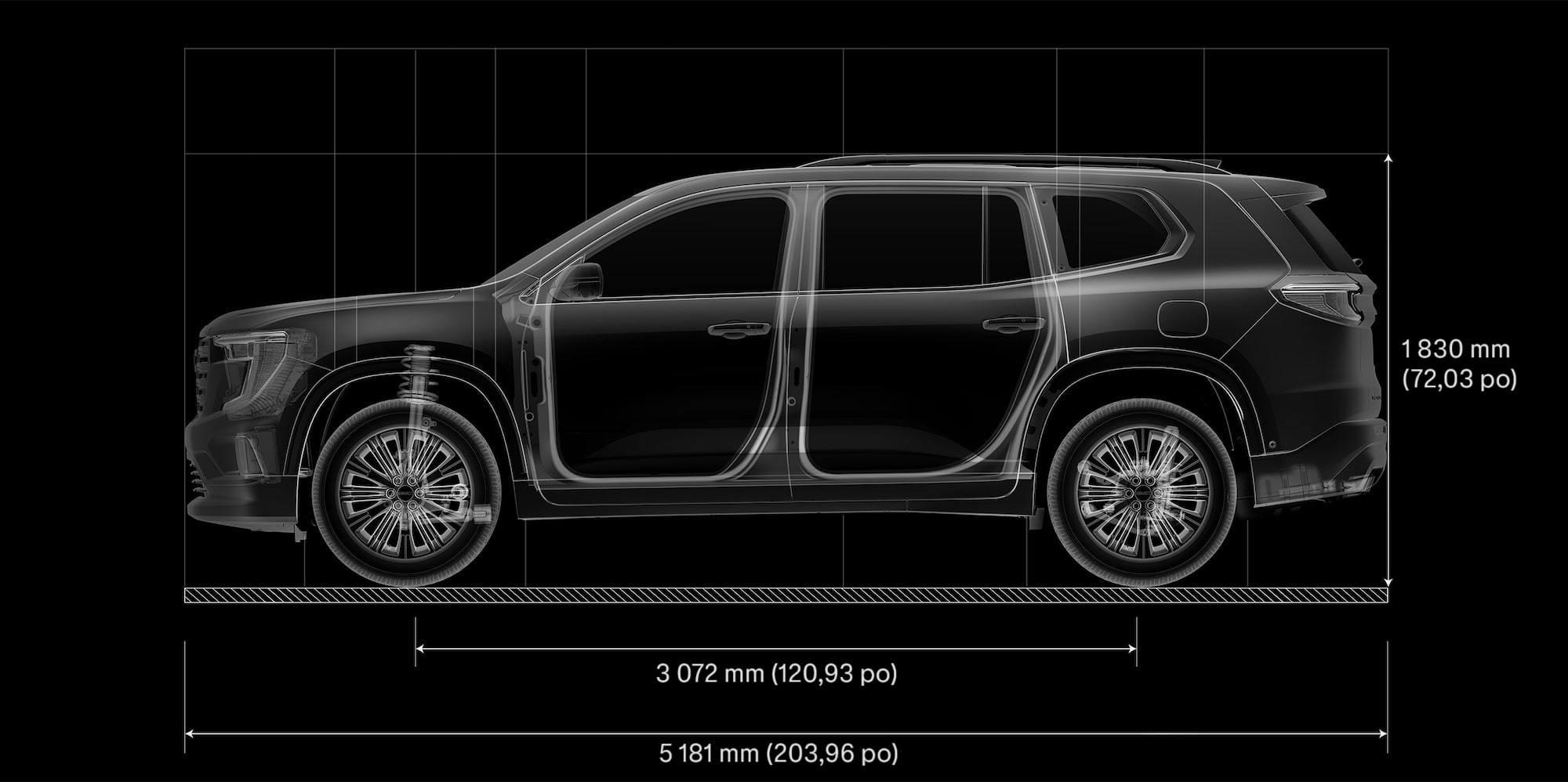Une superposition schématique transparente d’un VUS GMC Acadia Denali 2027 avec des mesures et des composants internes visibles.