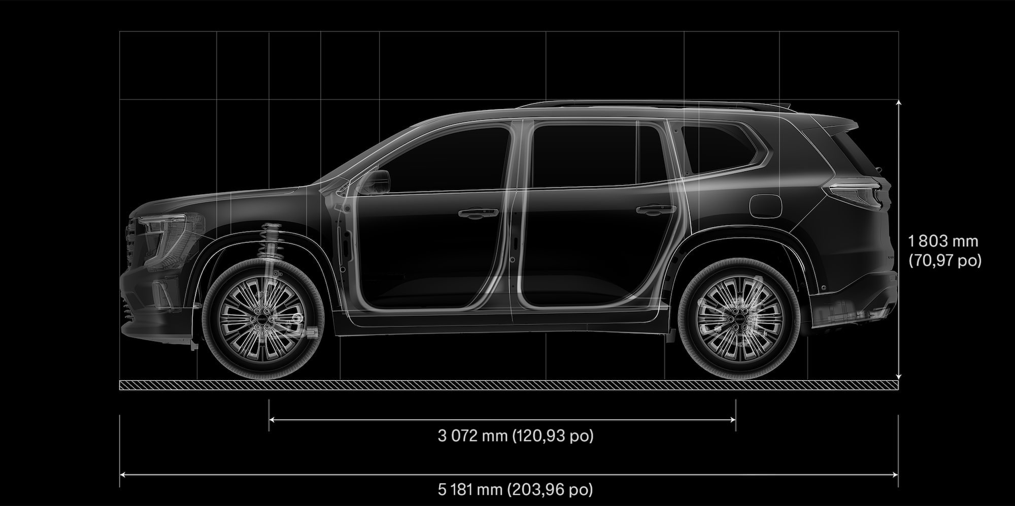 Une superposition schématique transparente d’un VUS GMC Acadia Denali 2027 avec des mesures et des composants internes visibles.